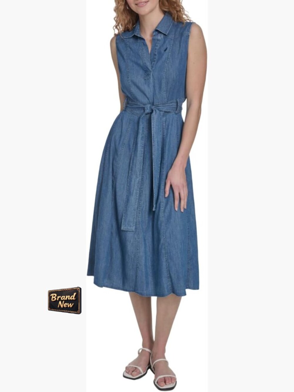 Sleeveless Shirtdress Belted Chambray Midi Dress